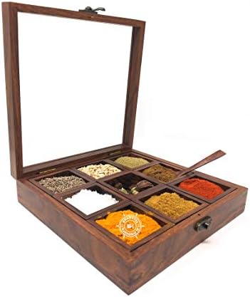 Caja para especias de madera nuevo diseño superior hoja de cristal para especias recipiente para especias caja de especias con dos cuchara. Bhartiya artesanía: Amazon.es: Hogar