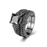 Zealmer 2 PCS Black Gold Plated Princess Cut Heart Shape Black CZ Cubic Zirconia Halo Bridal Rings Set