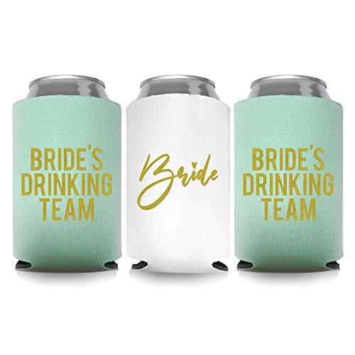 Coolies Can Coolers Insulated Collapsible Beer Soft Drinks Bottle Soda Can Sleeves (Bride & Bride Drinking Team) Durable Insulators Premium Quality for Bachelorette Party (Set of 6) White and Mint - Thumbnail 4