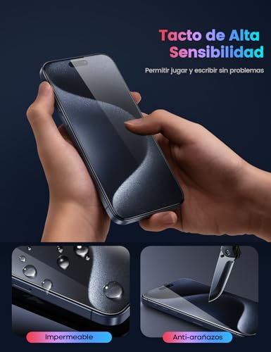 Lamicall Mica para iPhone 15 Pro Max, [Top 9H Película de Vidrio Templado] Protector de Pantalla para iPhone 15 Pro Max (6.7"), Marco de Instalación Fácil, 0 Burbujas, AntiHuellas - 2 Piezas