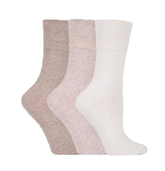 ZRWASKA® Women's Diabetic Socks Oedema friendly Wide Honey Comb top soft cuff Ankle Non-Elastic for Swollen feet Legs Non-Binding Circulatory Sock 3 Pack Size 4-7 (Off White & Browns (3 Pairs))