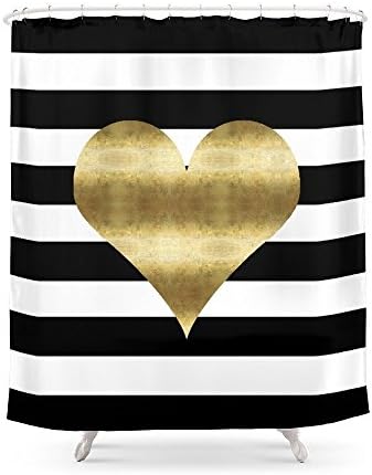 Cloud Dream Gold Heart Black and White Stripe Pattern Bathroom Decor Shower Curtain, Happy Valentine's Day Waterproof Bath Curtain with Hooks 60 x 72-Inch