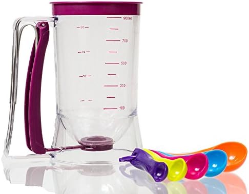 Pancake Batter Dispenser - SIDECAR Perfect Baking Tool for Cupcakes, Waffles, Muffin Mix, Crepes, Cake Bakeware Maker with Measuring Label -Free Bonus Spoon Measure(Colors May Vary)