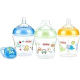 Nuby Natural Touch 3 Pack 6 Ounce Infant Bottle with Bonus Comfort Pacifier - Yellow, Blue and Aqua