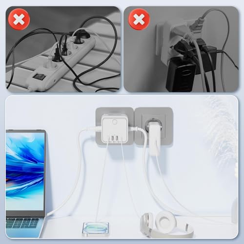 7en 1 Ladron Múltiples Tomas USB,Ladron Enchufes Múltiple con 2 Europea y 1 Toma Schuko CA Regleta, Enchufe Multiple Pared con Interruptor, Enchufe USB para Oficina, Cocina y Habitación