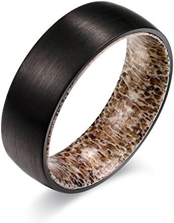 POYA Black Tungsten Carbide Ring 8mm Brushed Dome Wedding Band with Antler Sleeve