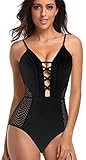 V28 Women's Deep V Neck Backless Crochet Lace Mesh One Piece Bathing Swimsuit (Large, Black)