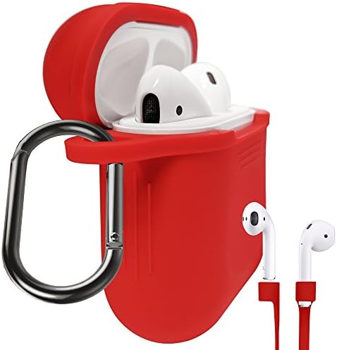 Premium AirPods Protective Case for Apple AirPods Charging Case - Plus Carabiner &amp; Active Straps for your AirPods - EXTRA THICK SKIN! (Crimson Red)