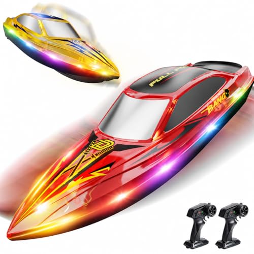 DEERC 2-Pack Fast RC Boats for Kids, Dual-Style Racing Set with LED Lights, 20 KPH High-Speed Remote Control Boats, 4×1200mAh Batteries, Waterproof Toy for Lakes & Pools