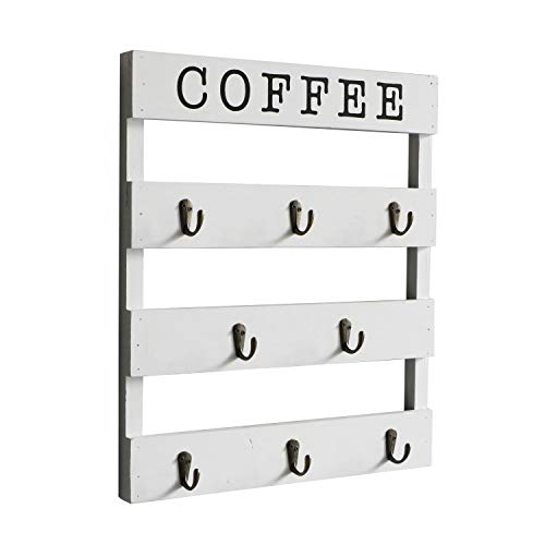 Emaison Coffee Mug Holder, Wall Mounted Rustic Wood Cup Organizer with 8 Hooks for Home, Kitchen Display Storage and Collection（White,15 x 2.5 X17.7 inch）