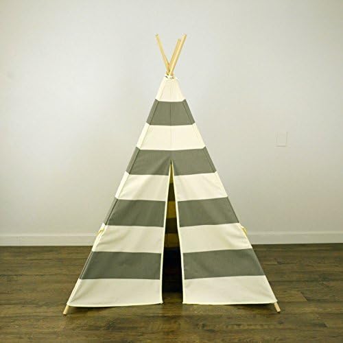 Zeldabelle Kids Teepee Tent in Stripe, Includes Large Stripe Tan Khaki Canvas Teepee and Wooden Poles, Perfect Indoor Play House for Kids, Dark Grey/Beige