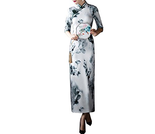 XueXian(TM) Women's Print 3/4 Sleeve Chinese Cheongsam Qipao Dress Long Evening Gown