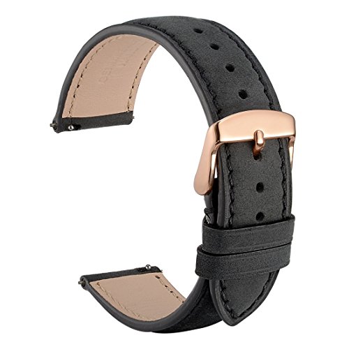 WOCCI 22mm Suede Vintage Leather Watch Band with Rose Gold Buckle, Quick Release Strap (Black with Tone on Tone Seam)