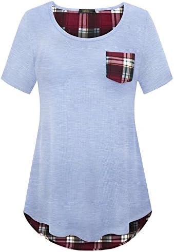 VAFOLY Women's Round Neck Plaid Chiffon Back T Shirt Short Sleeve Pocket Blouse Tops