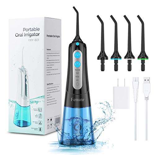 Cordless Water Flosser Teeth Cleaner, 300ML Portable and USB Rechargeable Oral Irrigator for Travel, IPX7 Waterproof, 4-Mode with 4 Jet Tips, Essential for Braces, Bridges & implants Care