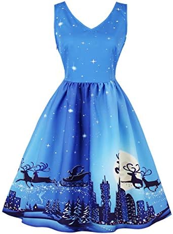 Women V Neck Christmas Tree Flying Deer Starry Hut Snow Castle Printed Vintage Ruffled Dress