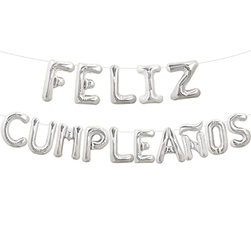 TONIFUL Silver Letter Feliz Cumpleanos Balloons Banner, 16 Inch Helium Foil Mylar Happy Birthday Balloons Birthday Banner Decorations Party Supplies