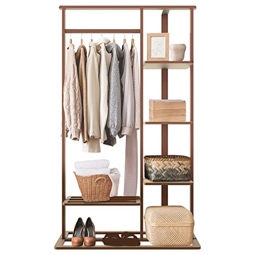 medla Bamboo Clothes Rack Stand: Cloth Hanger Wood Clothing Hanging Rail Standing Garment Rack with 1 Hanging Rod 3 Tier Side Storage Shelves and 2 Tier Bottom Shelves for bedroom Office Home