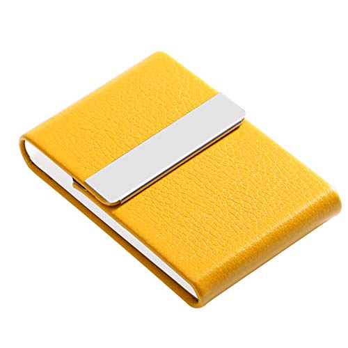 JuneLsy Business Card Holder - Professional PU Leather Business Card Case Metal Name Card Holder Pocket Business Card Carrier for Men & Women with Magnetic Shut (Yellow)