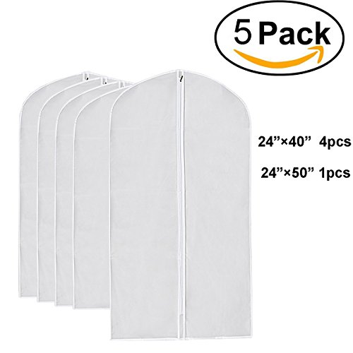 Wallaby Pack of 5 PEVA Garment Bag, Full Zipper Suit Bag , Light Weight, 4 Medium and 1 Large