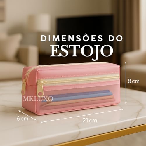 Estojo Escolar 2 Divisoria de Nylon Grande Transparente Organizador Material Lápis Caneta Borracha Papelaria Fofa Compartimento Fecho Metalico Volta as Aulas Box Necessaire Menino Menina (Rosa)