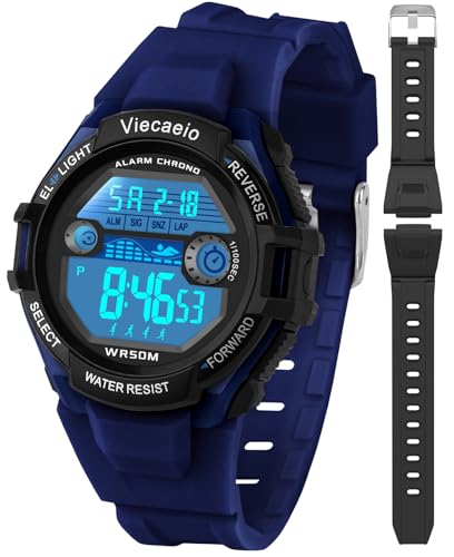 Viecaeio Kids Digital Watch for Boys Girls,2 Interchangeable Silicone Straps, 50M Waterproof & Shockproof Sports Watch with 7-Color LED Backlight, Alarm, Stopwatch, Calendar (Ages 5-18)