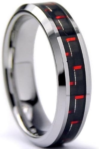 5mm Red & Black Carbon Fiber Tungsten Wedding Band Engagement Ring