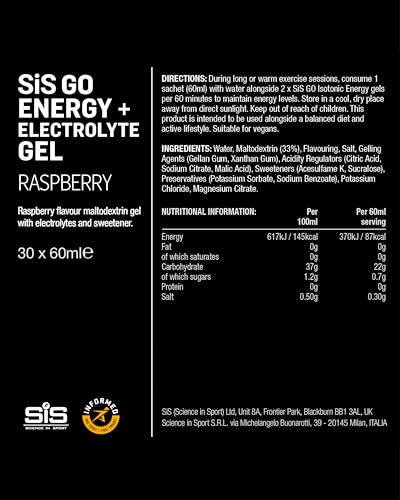 Science in Sport Go Isotonic Energy Gel with Electrolyte, Gels for Running/Cycling, Rasberry, 60 ml (30 Pack)