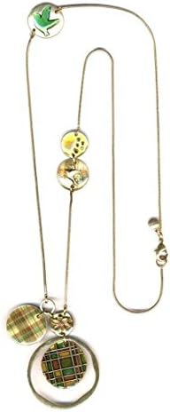 This Pretty Necklacecombines An Array Of Different Mediums Including An Iridescent Mother-Of-Pearl Disc With Plaid Design And Disc Watercolr Enamels, Raised Flower Tree And Bird Motifs