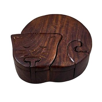 RoyaltyCLIQ Wooden Puzzle Game Box Sleeping Cat Shaped Design Handmade Decorative Handcarved Brain Teaser Toy with Storage Space for Kids and Adult