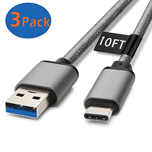 USB C Cable, X-EDITION USB Type C Cable 3 Pack (10ft) Nylon Braided Fast Charger Cord(USB 3.0) for Samsung Galaxy S8, S8+ Plus, Moto Z, Nexus 6P, LG G6, Google Pixel, Nintendo Switch, Honor 8/9 (Grey)