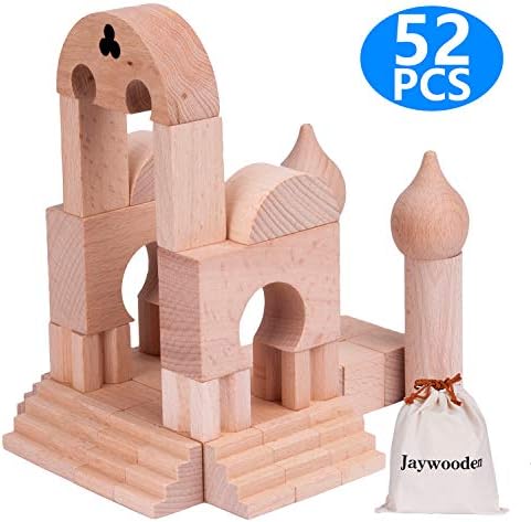 Wooden Building Blocks,52 PCS Wooden Block Set with Carrying Canvas Bag Building Blocks for Kids,Toddlers