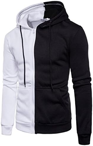 Men Coat Among Double Color Patchwork Jacket Hoodie Stitching Zipper Sweater Outwear Sport Tops (XL, White)