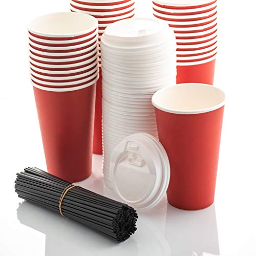 110 Pack Disposable Coffee Cups with Lids - Premium Quality 16 oz To Go Coffee Cups with Sleeves, Tight Lids to Prevent Leaks & Straws - This Paper Hot Cup Holds Shape With Hot Drinks - Cherry Red