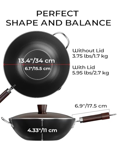 Armorbear 34cm Carbon Steel Wok Pan, Tripol Nitrided, Pre-seasoned Flat Bottom Wok, Non-Stick Japanese Wok with Glass Lid for All Stove Tops