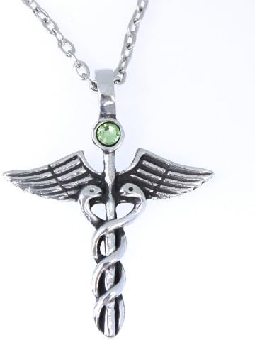 Pewter Caduceus Medical Snake Rod Pendant on Chain with Light Green Austrian Crystal August Birthday