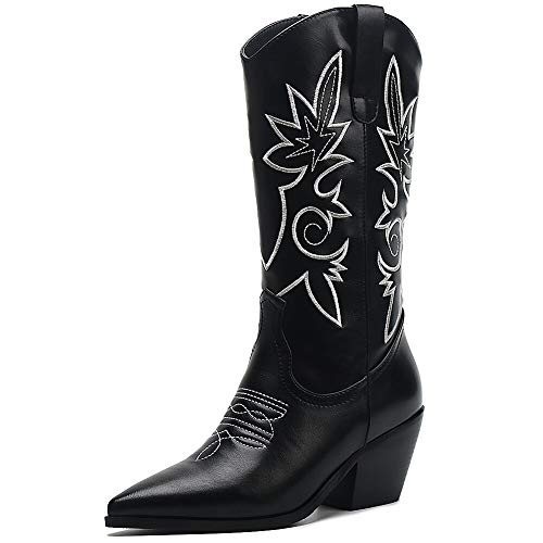 SaraIris Western Boots for Women, Cowboy Cowgirl Pointed Toe Chunky Heel Boots Pull-on Mid Calf Boots for Ladies Knee High Boots