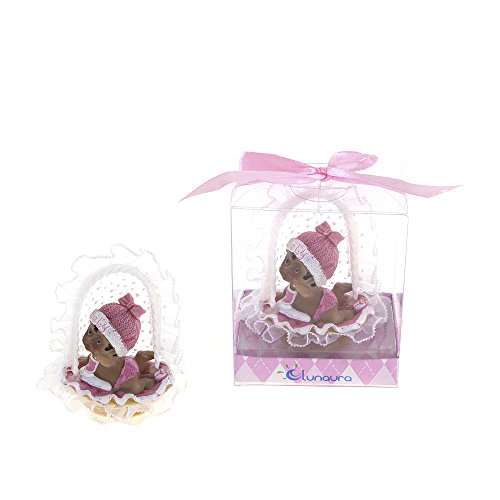 Lunaura Baby Keepsake - Set of 12 "Girl" Black Ethnic Baby on Tummy Inside Basket Favors - Pink