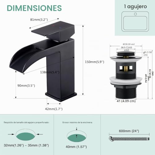 Faustina Bathroom Faucet for Rectangular Waterfall Basin and Click-Clack Drain Valve with Overflow, Bathroom Tap Mixing Dr Square with Drain Stainless Steel, Matte Black