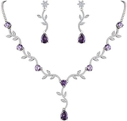 FANZE Women's Cubic Zirconia Elegant Sunflower Leaves Vine Teardrop Bridal Pendant Necklace Dangle Earrings Jewelry Set