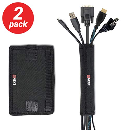 GrabAll Cable Management Sleeve That Sticks to Surfaces - 2 Pack – New 6” Cord/Wire Sleeve Organizer for Office & Home + Fasteners. Black Flexible Neoprene with Adjustable Width to Fit Various Wires
