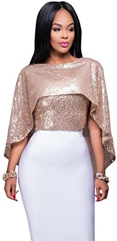 Olaron Women Glitter Sequin Crewneck Backless Cocktail Party Cape Cloak Short Tops Rose Gold Large