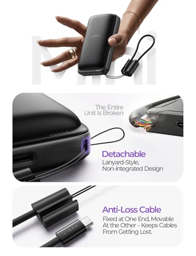 LISEN Qi2.2 Power Bank for MagSafe, 10000mAh Magnetic Wireless Portable Charger Wireless USB-C Fast Charging, Detachable Cable, Compact Battery Pack for iPhone 17/16/15(Deep Black)
