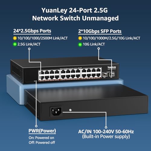 Unmanaged 2.5G 24-Port Ethernet Switch, 24 x 2.5 GB Base-T Ports, 2 x 10G SFP+, Compatible with 100/1000/2500Mbps, Metal Fanless, Desktop/Rack Mount YuanLey 2.5 GB Network Switch