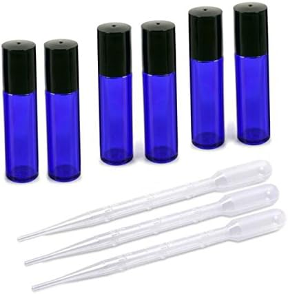 6 Set New, High Quality Glass Roll On Bottles With Best Quality 10ml (1/3oz) Cobalt Blue Glass -For Aromatherapy, Essential Oils, Perfumes and Lip Balms - Blue