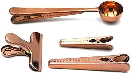 Stainless Steel Coffee Scoop Spoon With Bag Seal Clip,Color Copper, 4pcs in one set