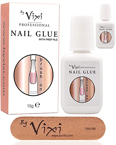 15ml x2 By Vixi EXTRA STRONG BRUSH-ON NAIL GLUE for False Nails, Press Ons, Tips & Acrylics, Quick Dry, Super Strong Nail Bond Adhesive for Mess Free Press-On Fake Nails – Salon Strength, Long Lasting