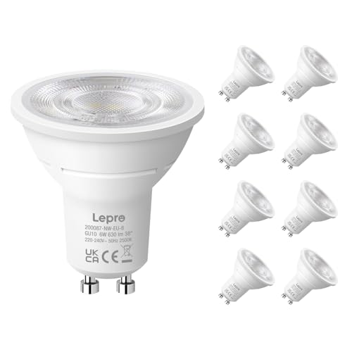 Lepro GU10 LED Bulb, Natural White 4000K, 630lm GU10 Bulb, 6W Equivalent, 80W Equivalent, 38° Beam Practical, GU10 Energy Saving Bulbs, Pack of 8