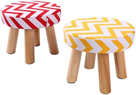 QVB 2Pcs Round Footstool Ottoman Wood Support Shoe Changing Stool Solid Wood for Kids Cotton Linen Cushion Removable and Washable (Yellow red)