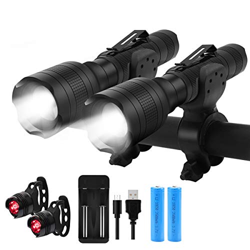 Feux de vélo de Montagne Ensemble Avant et arrière, lumières de vélo à LED Rechargeables USB, 5 Modes, 700 lumens, étanche pour la Nuit Comprend 18650 Piles et Chargeur (Paquet de 2)
